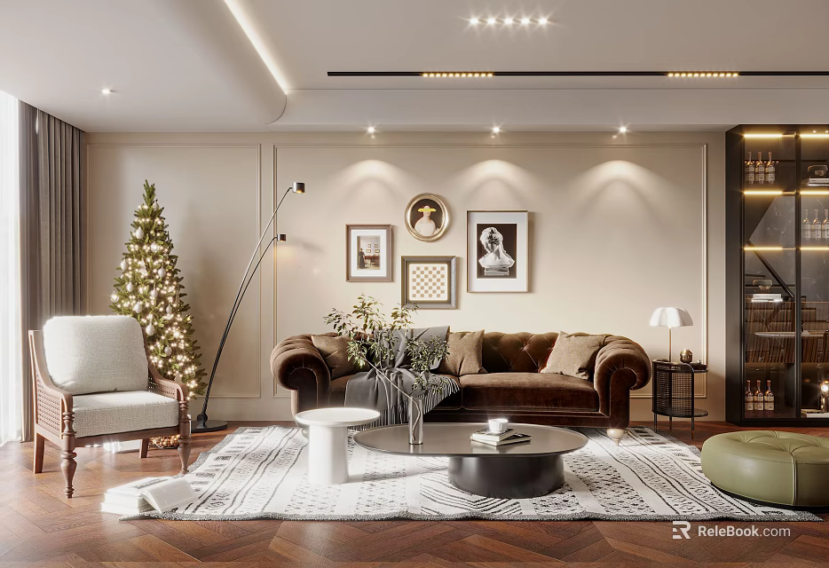 Modern Living Room Interior With Christmas Tree Brown Sofa Framed Pictures And Coffee Table 3d model 
