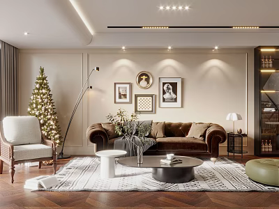 Modern Living Room Interior With Christmas Tree Brown Sofa Framed Pictures And Coffee Table 3d model