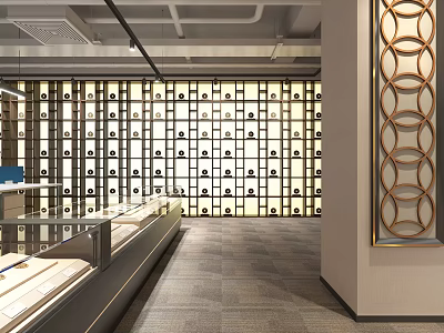 Modern Retail Boutique Interior With Glass Display Cases And Decorative Circular Wall 3d model