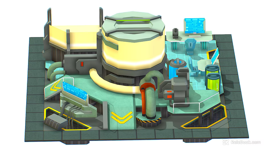 Cartoon Sci Fi Scene With Large Circular Device Pipes Control Panels And Vibrant Mechanical Structures 3d model 