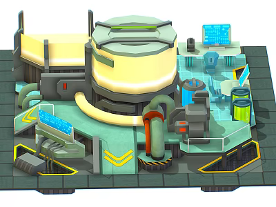 Cartoon Sci Fi Scene With Large Circular Device Pipes Control Panels And Vibrant Mechanical Structures 3d model