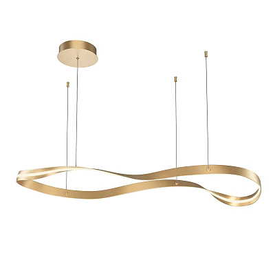 Modern Golden Wavy Chandelier with Sleek Curved Ribbon Design Suspended by Thin Cables 3d model