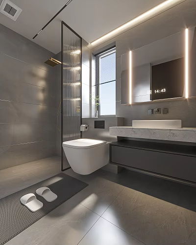 Modern Bathroom Interior Design With Marble Countertop Wall Mounted Toilet Shower And Lighted Mirror 3d model
