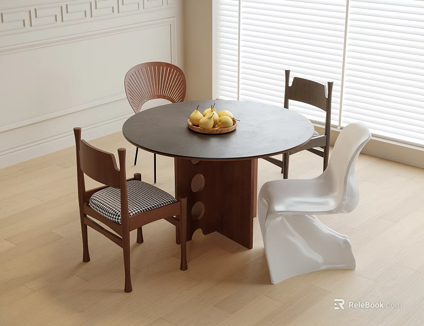 Modern Indoor Round Table And Chairs Set With Wooden And White Chairs And Fruit Bowl 3d model 