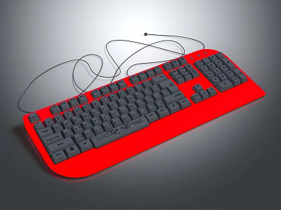 Red Wired Desktop Computer Keyboard with Black Keys and Coiled Cable Design 3d model