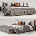 Modern Double Bed Interior Design With Upholstered Headboard Checkered Quilt Colored Pillows And Nightstand