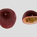 Whole Deep Red Passion Fruit and Halved with Orange Yellow Pulp and Green Seeds