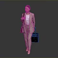 Woman In Beige Suit With White Top Carrying Brown Bag And Black Luggage
