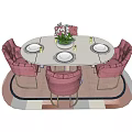 Pink Velvet Dining Table Set With White Oval Table Gold Legs And Flower Vase