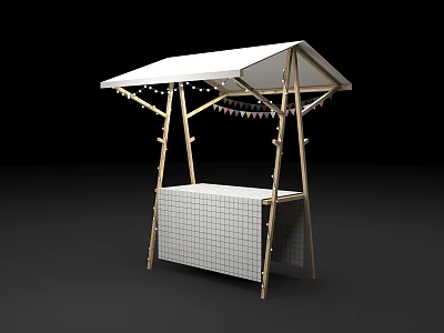 Outdoor Wooden Stall With White Canopy Checkered Counter And String Lights 3d model