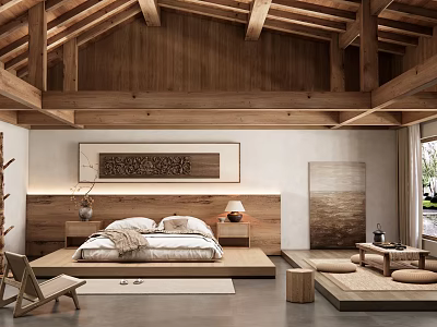 Hotel Guest Room with Wooden Ceiling Beams and Bed Featuring Wooden Headboard and Window Cushions 3d model