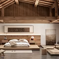 Hotel Guest Room with Wooden Ceiling Beams and Bed Featuring Wooden Headboard and Window Cushions
