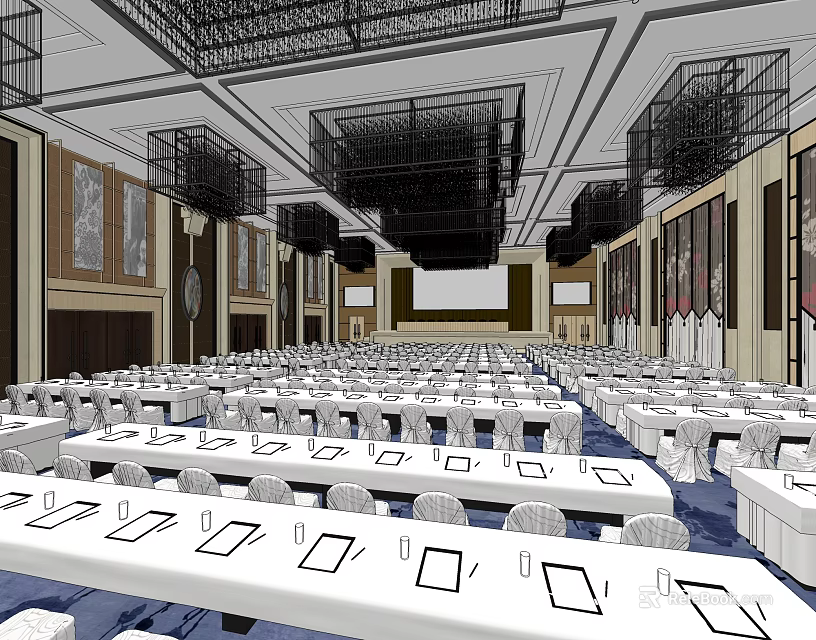 Conference Room Interior Setup With Long Tables Chairs Ceiling Decorations And Projection Screen 3d model 