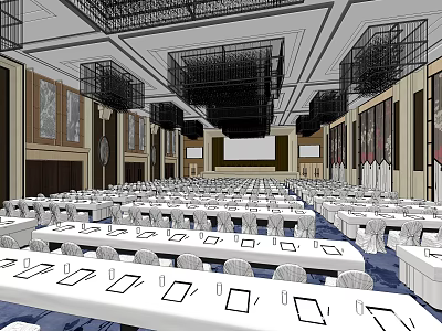 Conference Room Interior Setup With Long Tables Chairs Ceiling Decorations And Projection Screen 3d model