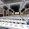 Conference Room Interior Setup With Long Tables Chairs Ceiling Decorations And Projection Screen