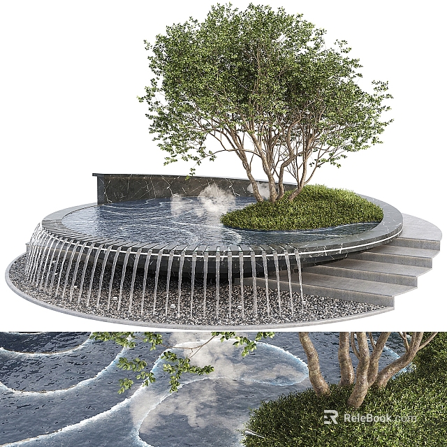 Stylish Garden Feature with Circular Water Flow Stone Steps Green Grass and Tree 3d model 
