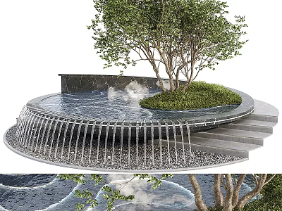 Stylish Garden Feature with Circular Water Flow Stone Steps Green Grass and Tree 3d model