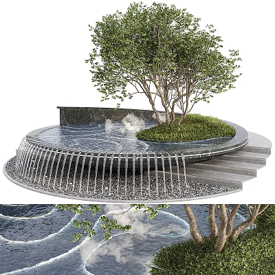 Stylish Garden Feature with Circular Water Flow Stone Steps Green Grass and Tree 3d model