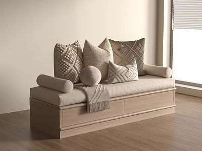 Wooden Storage Bench With Patterned Pillows Round Cushion And Throw Blanket 3d model
