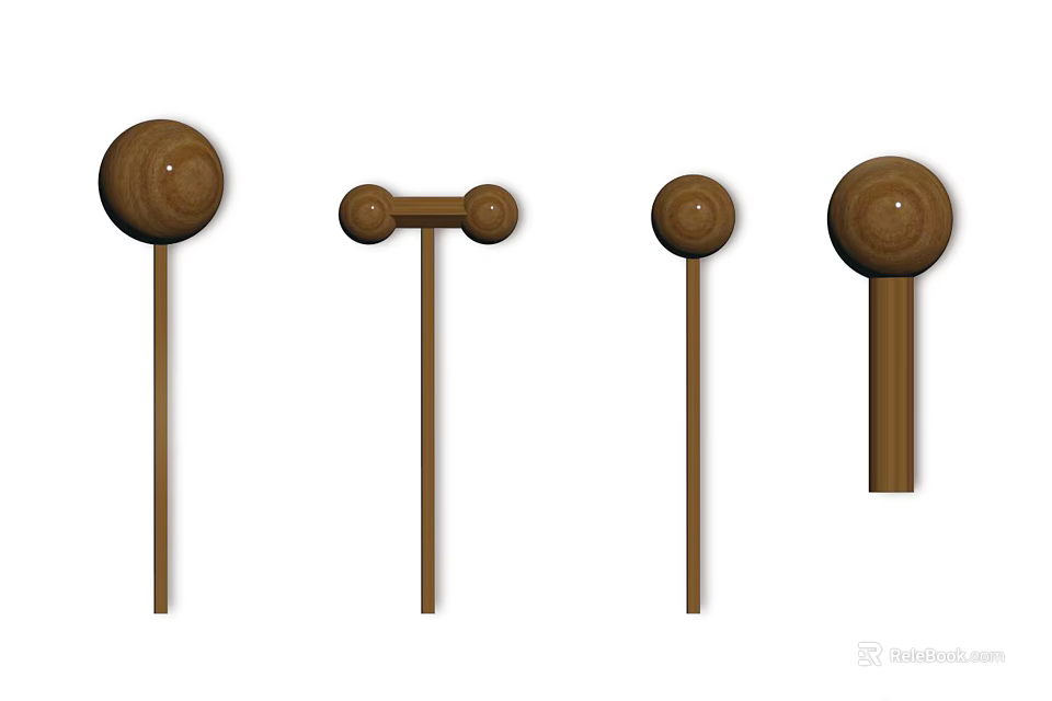 Four Wooden Household Items With Various Round Top And Stick Designs 3d model 