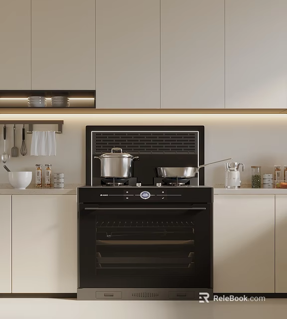Modern Kitchen Interior With Black Stove Two Pots Spice Jars And Cooking Utensils 3d model 