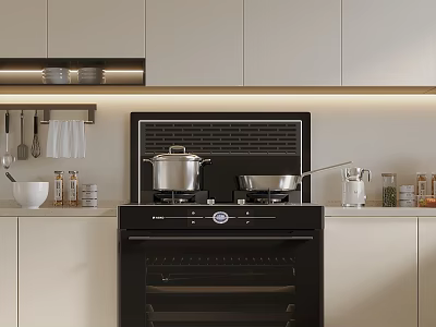 Modern Kitchen Interior With Black Stove Two Pots Spice Jars And Cooking Utensils 3d model