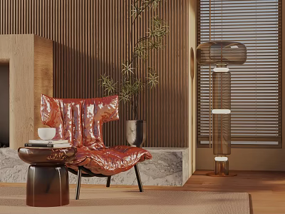 Red Modern Leisure Chair In Living Room With Wooden Wall Green Plant And Floor Lamp 3d model
