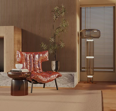 Red Modern Leisure Chair In Living Room With Wooden Wall Green Plant And Floor Lamp 3d model