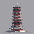 Traditional Chinese Pagoda Multiple Tiers Ornate Eaves Red Gray Green Lawn Square Blue Sky Background