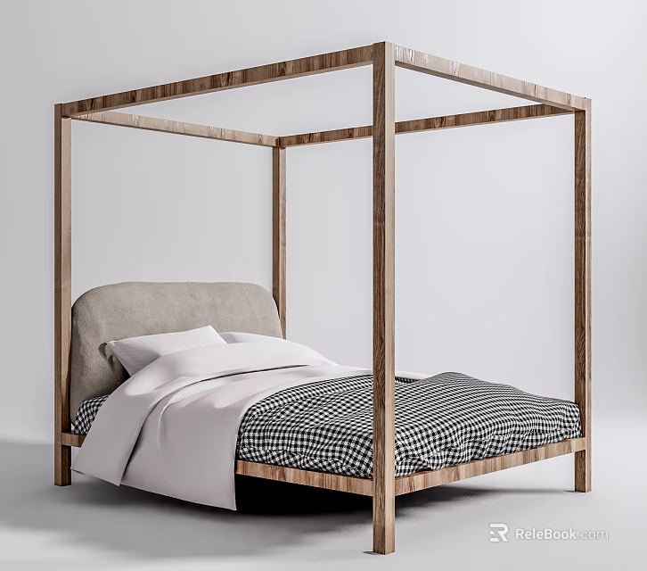 Modern Wooden Four Poster Double Bed With Gray Upholstered Headboard And Checkered Quilt 3d model 