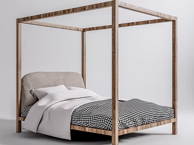 Modern Wooden Four Poster Double Bed With Gray Upholstered Headboard And Checkered Quilt 3d model