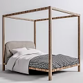 Modern Wooden Four Poster Double Bed With Gray Upholstered Headboard And Checkered Quilt