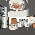 Modern Cozy Cafe Interior Design With Cake Display Tables Chairs And Hanging Lights