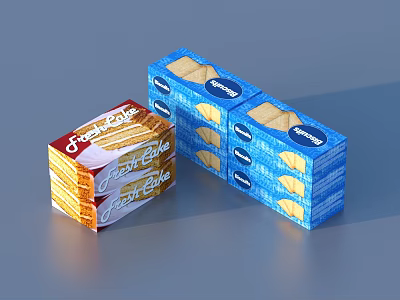 Fresh Bake Biscuit Boxes With Red And Blue Packaging Stacked Together 3d model