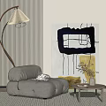 Grey Single Sofa With Arc Floor Lamp Abstract Painting And Side Table