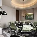 Modern Private Dining Room With Round Table And Green Chairs 3d model
