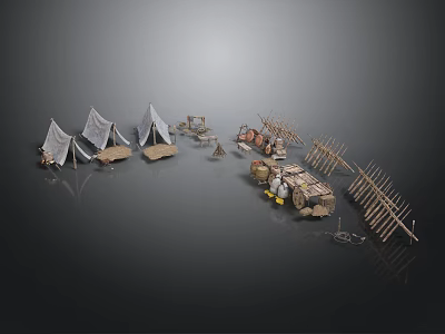 Rustic Campsite Scene With Tents Wooden Fences And Simple Huts 3d model