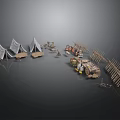 Rustic Campsite Scene With Tents Wooden Fences And Simple Huts