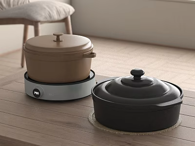 Brown and Black Cooking Pots with Gray Heating Plate on Wooden Table Surface 3d model