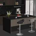 Modern Bar Counter Featuring Flower Vase Fruit Wine Glasses And Black Gray Bar Stools