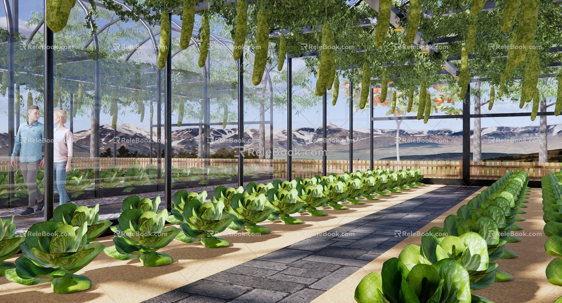 Modern Greenhouse Vegetable Planting Greenhouse Greenhouse Base Cucumber Planting Base Agricultural Ecological Garden Cucumber Luffa Picking 3d model