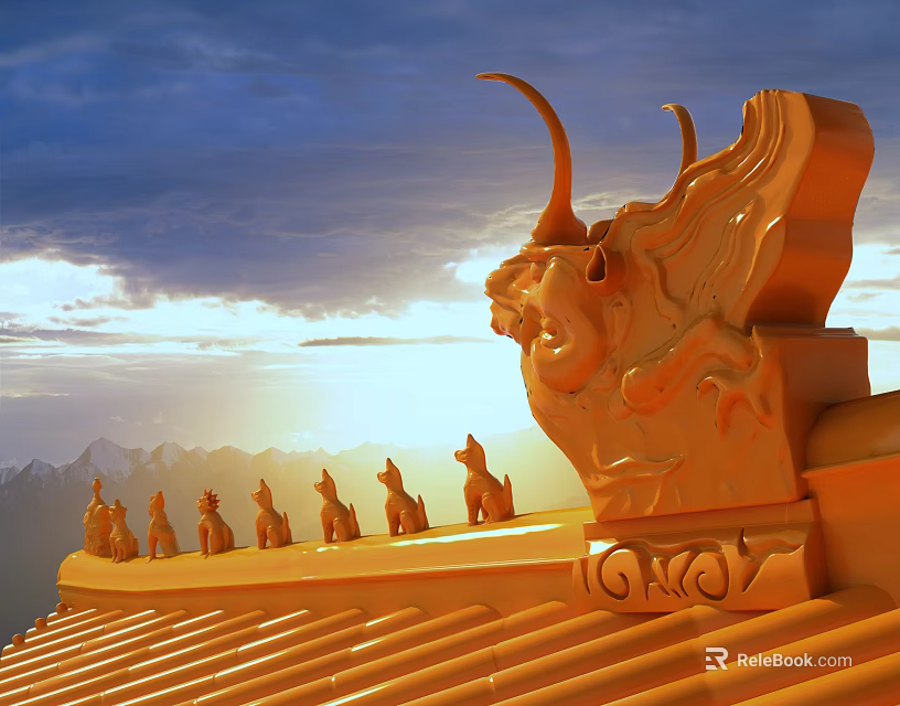 Ancient Architecture Traditional Roof with Golden Dragon Ornaments and Animal Statues Under Sunset and Mountains 3d model 