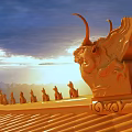 Ancient Architecture Traditional Roof with Golden Dragon Ornaments and Animal Statues Under Sunset and Mountains