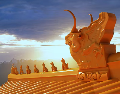 Ancient Architecture Traditional Roof with Golden Dragon Ornaments and Animal Statues Under Sunset and Mountains 3d model