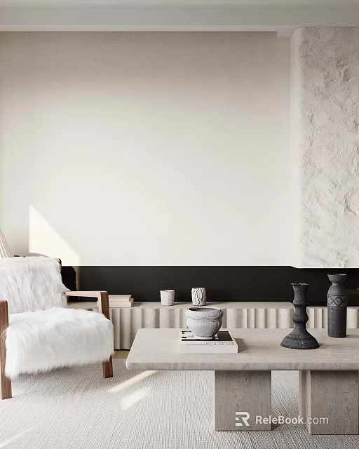 Minimalist Sofa And Coffee Table Set With Tasteful Ceramic Decorations For Cozy Bright Living Room 3d model 
