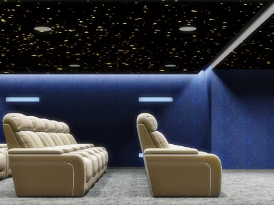 Home Theater With Starry Ceiling Blue Walls And Recliner Seats 3d model