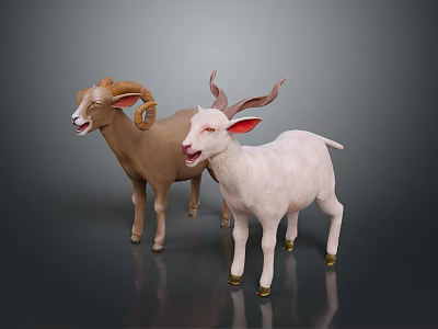 Brown and White Sheep with Curved Horns and Red Ears on Grey Background Reflective Surface 3d model