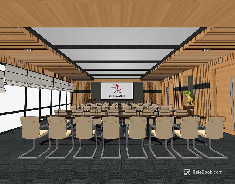 Modern Conference Room with Rows of Chairs Large Screen Wooden Ceiling and Windows 3d model 