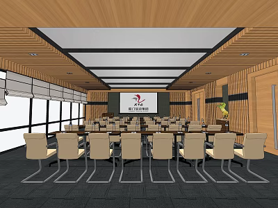 Modern Conference Room with Rows of Chairs Large Screen Wooden Ceiling and Windows 3d model