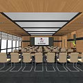 Modern Conference Room with Rows of Chairs Large Screen Wooden Ceiling and Windows